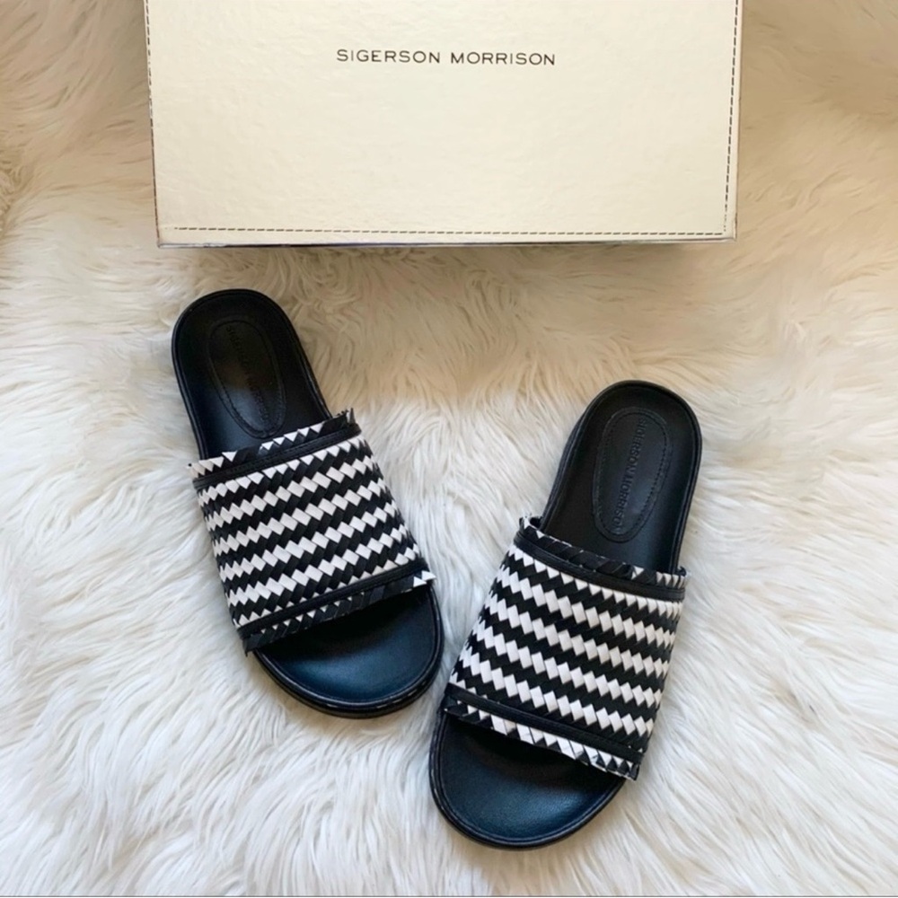 New! Sigerson Morrison Aoven Woven Leather Sandlas Slides in Black White